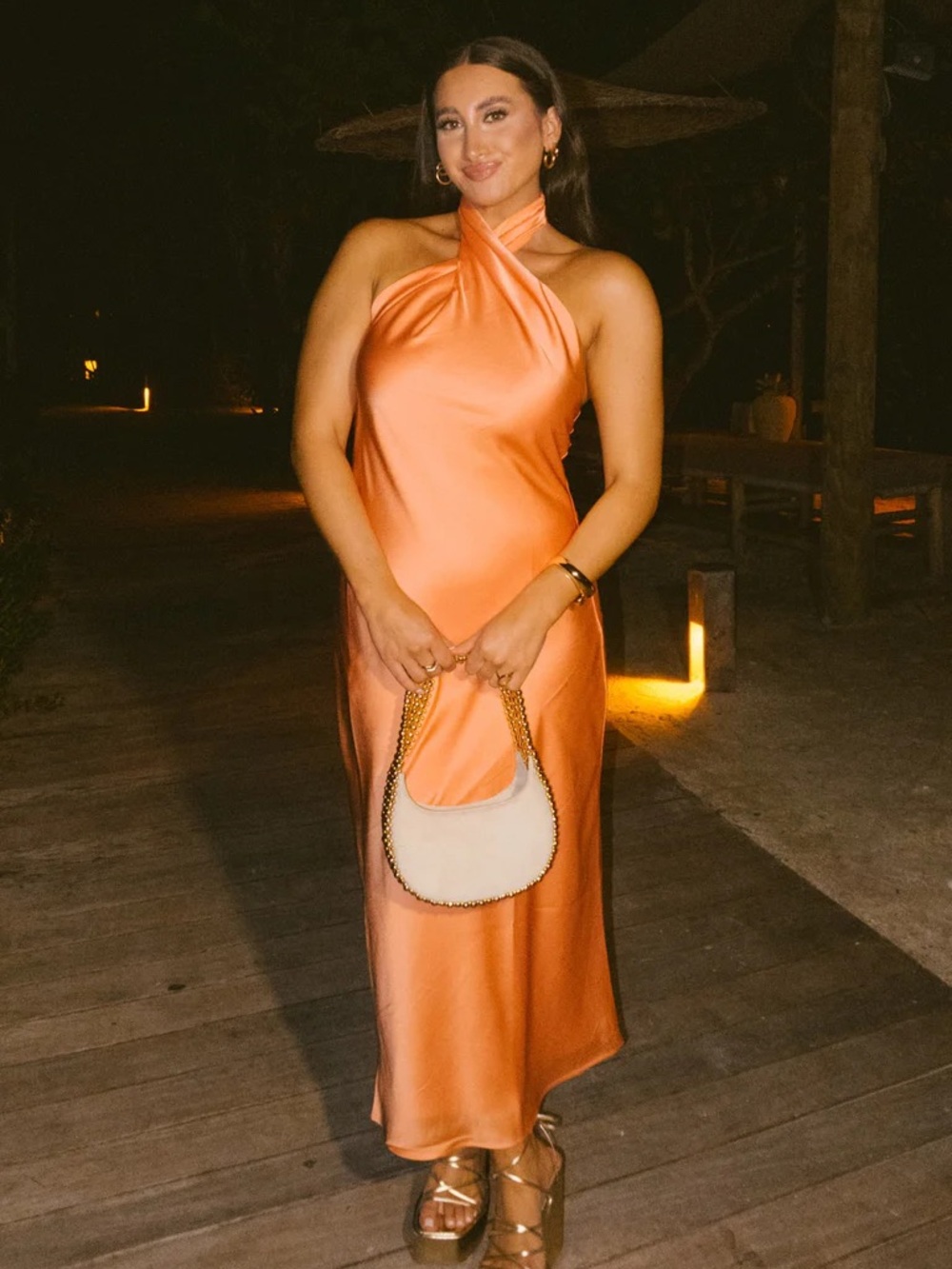 Show me Your Mumu Jasmine Halter Midi Dress in Cantaloupe Luxe Satin NEW